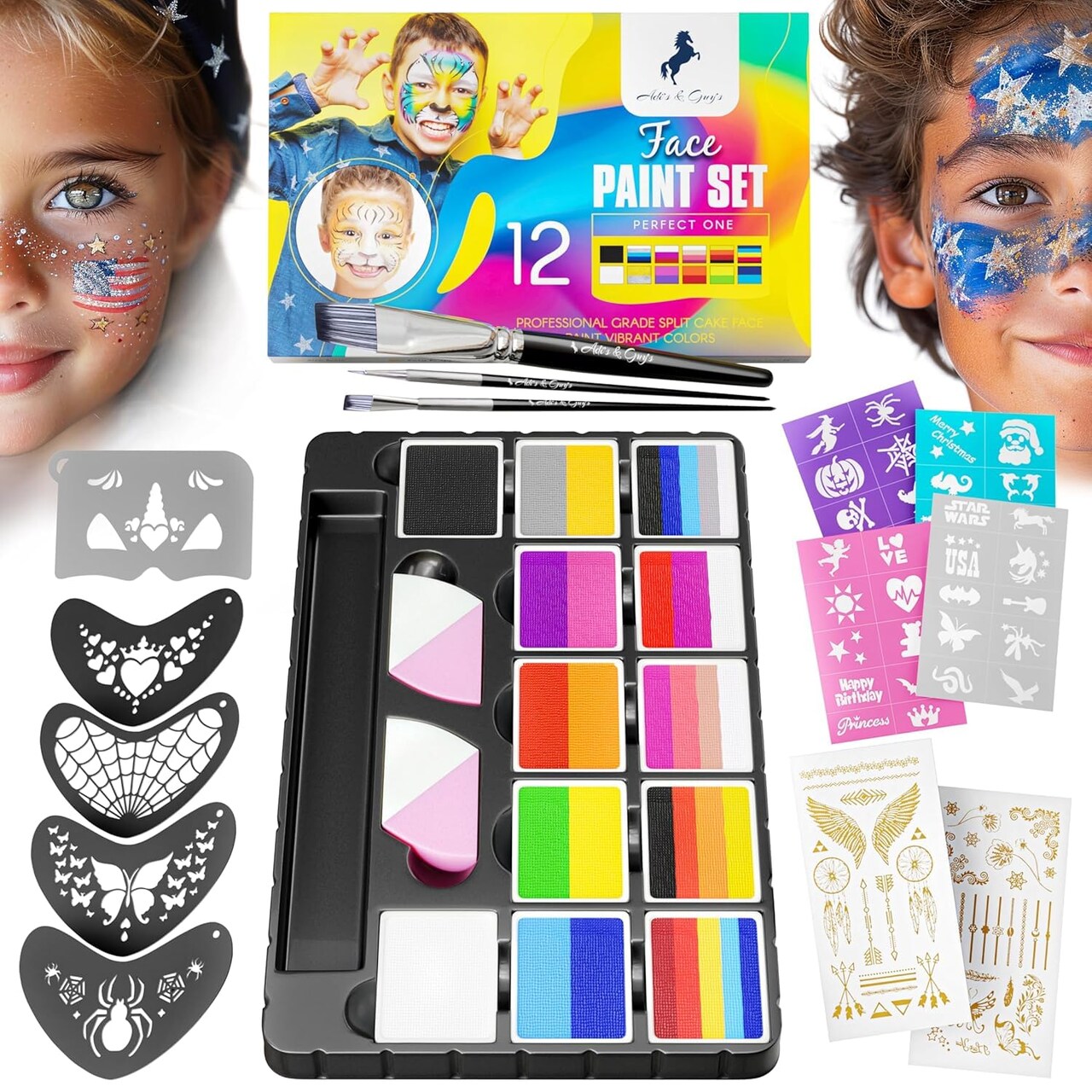 Kids Face Paint Kit – 12 Split Cake Colors, 40 Stencils, Brushes, Sponges & Tattoo Sheets – Non-Toxic, Paraben-Free, Easy to Apply & Wash Off – Safe Face Painting Set for Parties, Festivals & Halloween (multicolor)